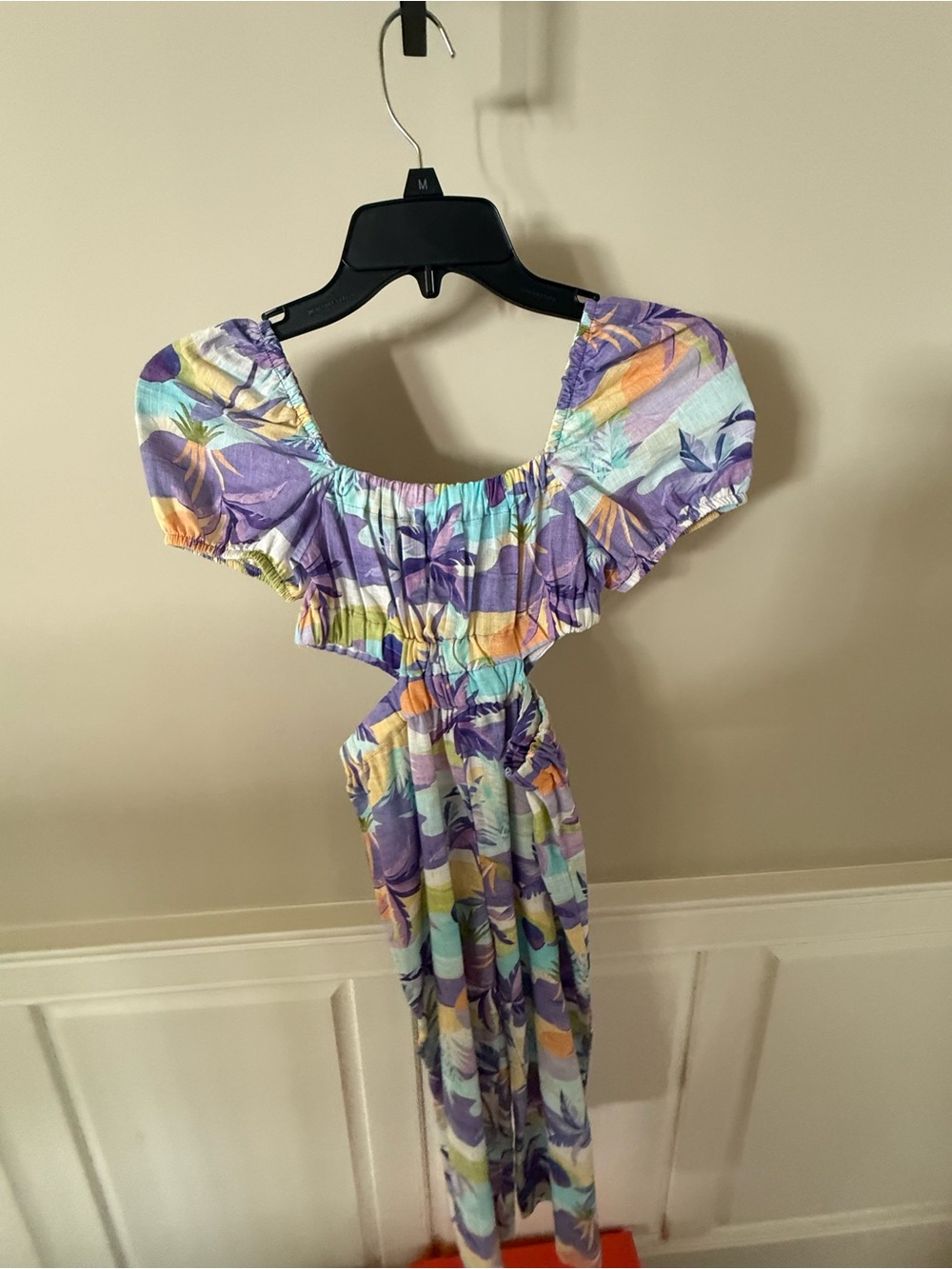 Zara Purple Tropical-Print Puff-Sleeve Romper